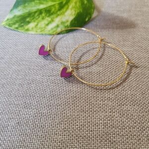 Thin Gold Wire Hoops with Pink Heart Charms